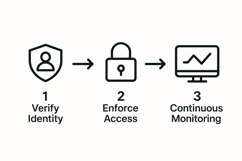 Infographic showing a three-step process flow for what is zero trust security Verify Identity, Enforce Access, and Continuous Monitoring.
