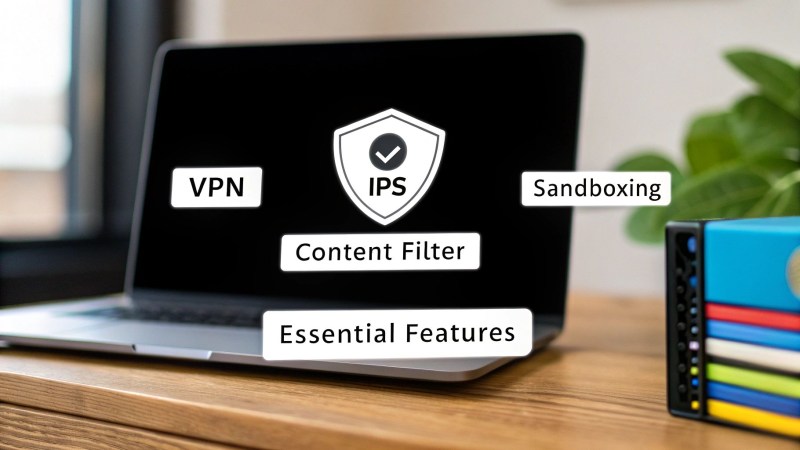 Laptop screen displaying essential cybersecurity features like VPN, IPS, Sandboxing, and Content Filter.