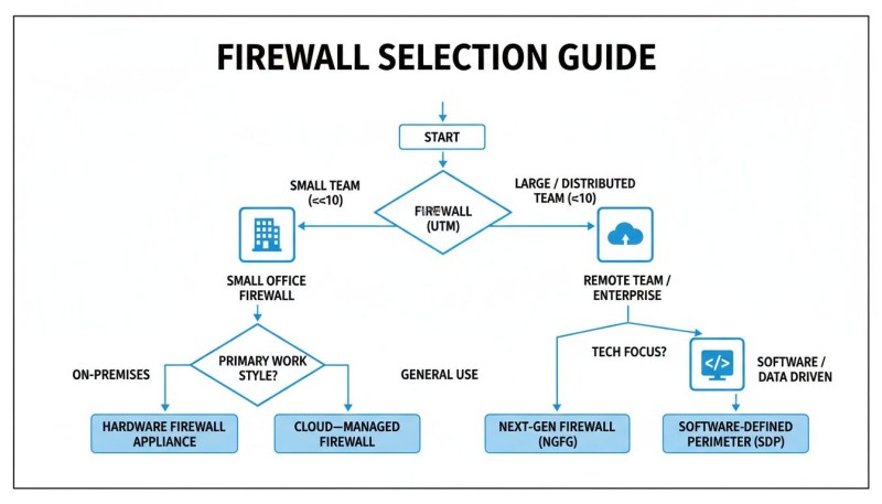 A flowchart guiding firewall selection, differentiating options for small teams and large enterprises based on work style and tech focus.