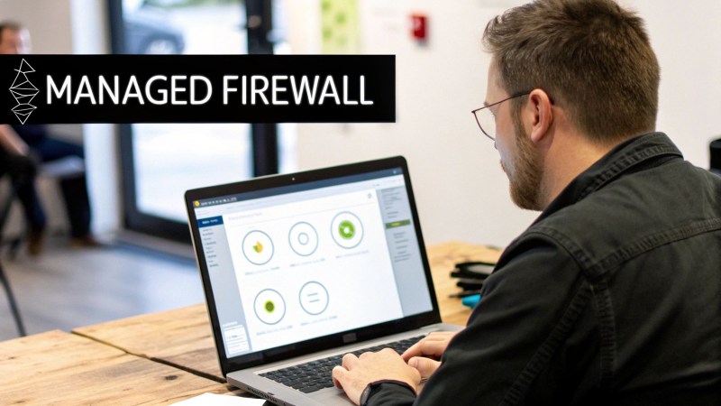 A man with glasses works on a laptop showing a firewall dashboard, with "MANAGED FIREWALL" text.