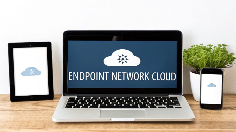 A laptop, tablet, and smartphone on a wooden desk displaying cloud network concepts.
