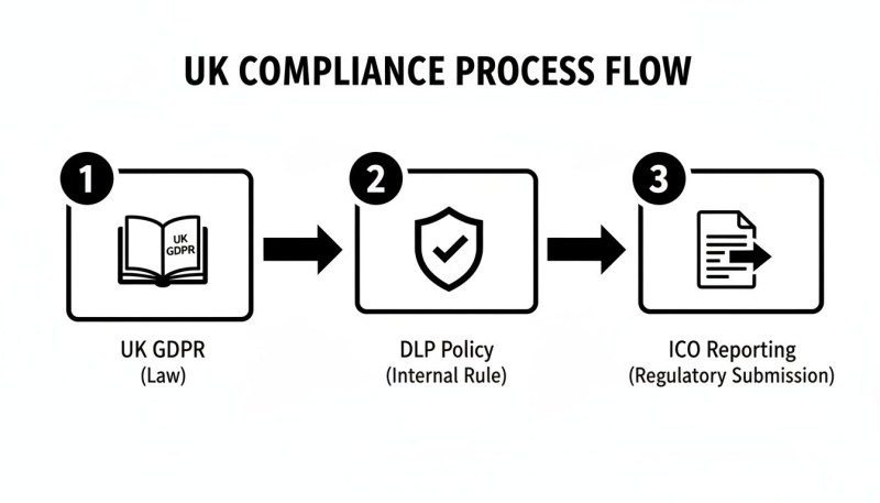 Flowchart showing UK data compliance process steps: UK GDPR, DLP Policy, and ICO Reporting.