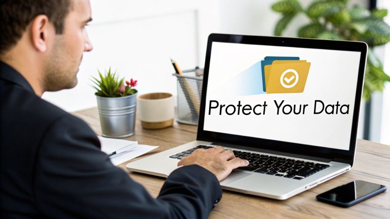 A man uses a laptop with the screen displaying 'Protect Your Data' and a folder icon.