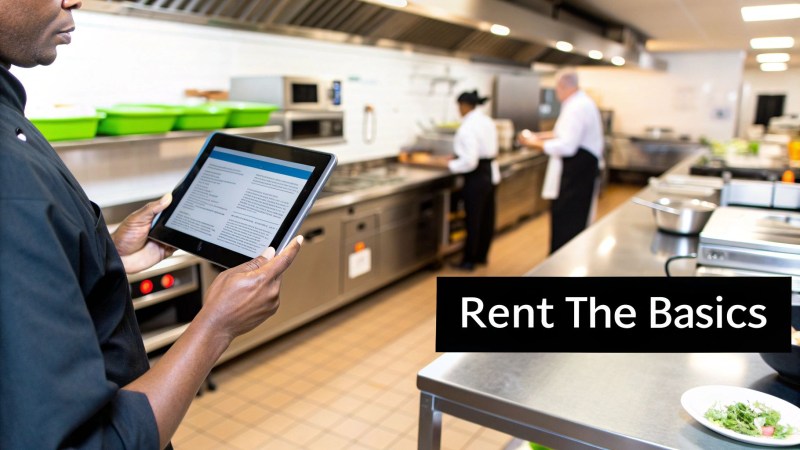 A chef in a commercial kitchen holds a tablet with recipes, while others work in the background.