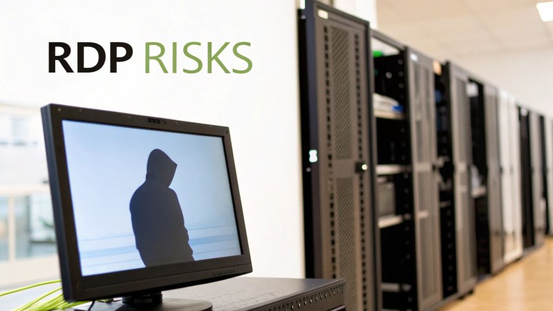 A computer monitor shows a hooded figure silhouette with 'RDP RISKS' text in a data center.