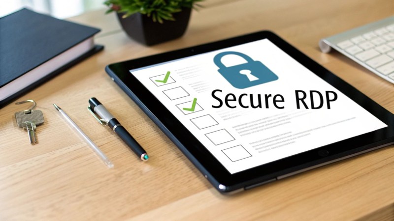 A tablet on a wooden desk displays 'Secure RDP' with a padlock icon and a checklist.